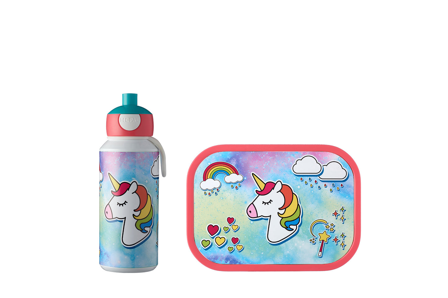Dieses praktische Unicorn Set besteht aus einer Pop-up Trinkflasche und einer Brotdose inklusive Bento-Einsatz und Gabel. Die Pop-up Trinkflasche ist geradezu perfekt: Drücken und Trinken, so lautet das Prinzip dieser Trinkflasche. Die Flasche ist garantiert auslaufsicher und speziell für kleine Kinderhände entworfen. Die Brotdose bietet Platz für bis zu 4 Butterbrote und wird mit Bento-Einsatz und Fruchtgabel geliefert.