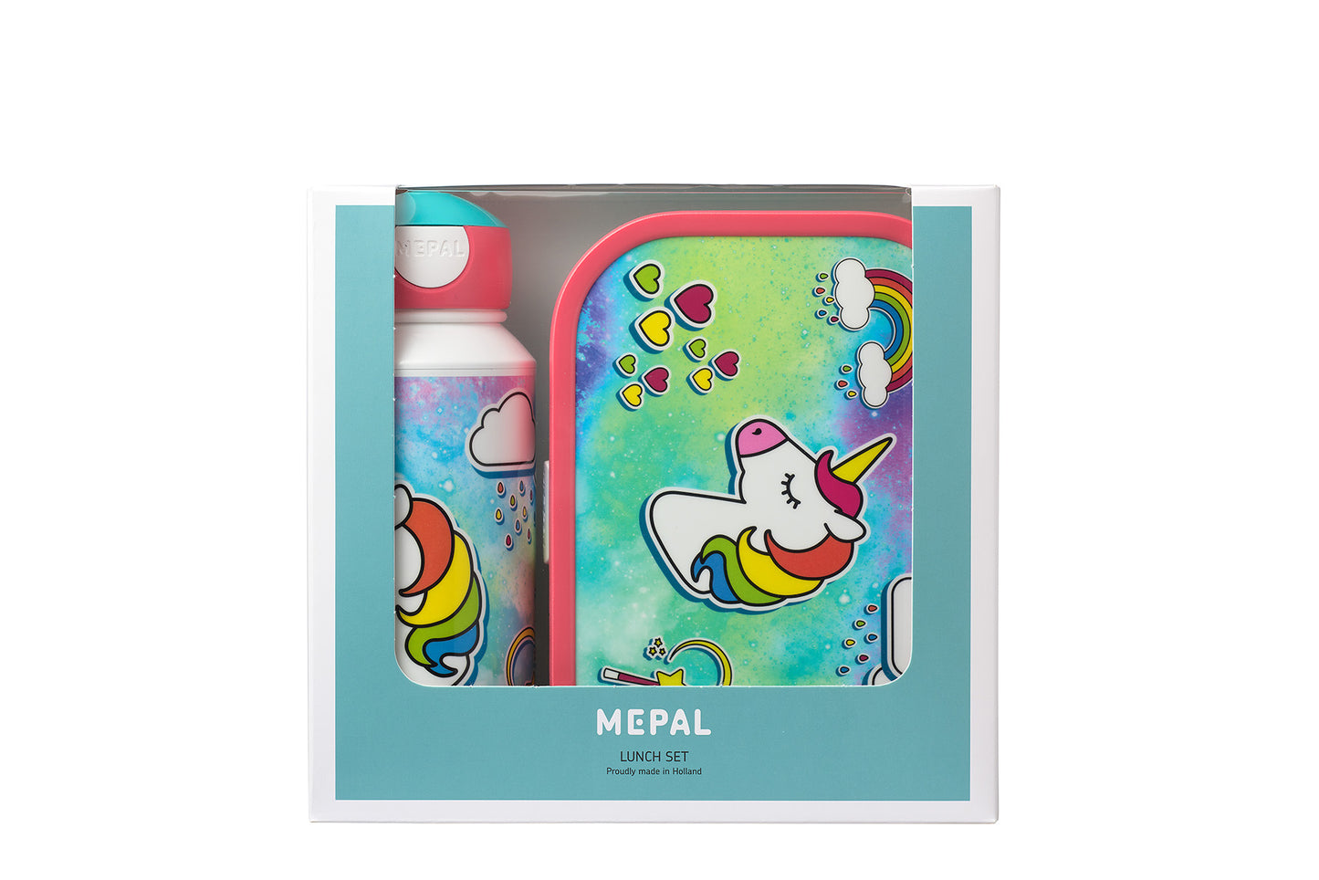 Dieses praktische Unicorn Set besteht aus einer Pop-up Trinkflasche und einer Brotdose inklusive Bento-Einsatz und Gabel. Die Pop-up Trinkflasche ist geradezu perfekt: Drücken und Trinken, so lautet das Prinzip dieser Trinkflasche. Die Flasche ist garantiert auslaufsicher und speziell für kleine Kinderhände entworfen. Die Brotdose bietet Platz für bis zu 4 Butterbrote und wird mit Bento-Einsatz und Fruchtgabel geliefert.