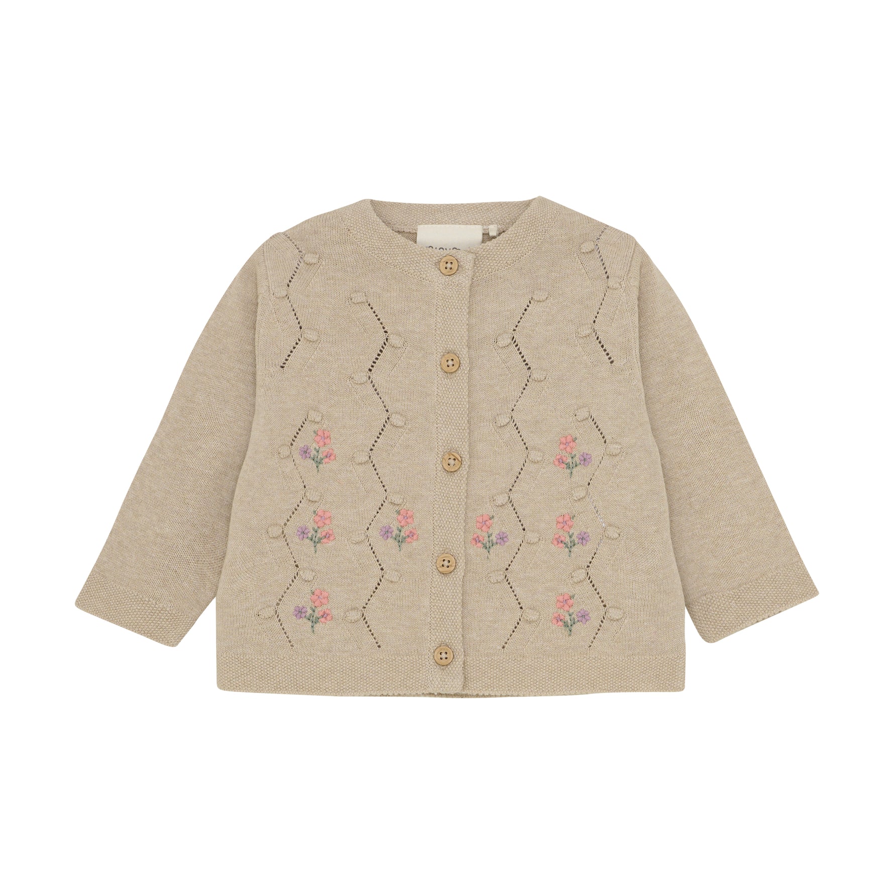 Der beige Cardigan von MINYMO besticht durch seine sorgfältig gearbeiteten Blumenverzierungen und verbindet zeitloses Design mit liebevollen Details.