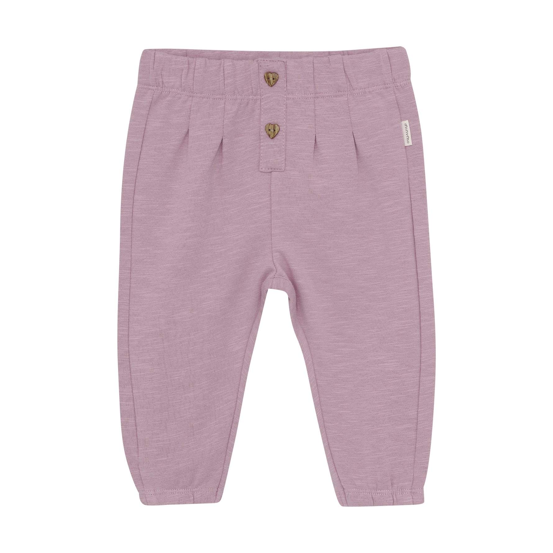 Entdecken Sie die lila Sweatpants von MINYMO, verziert mit charmanten herzförmigen Knöpfen – perfekt, um Komfort und Stil mühelos zu verbinden.