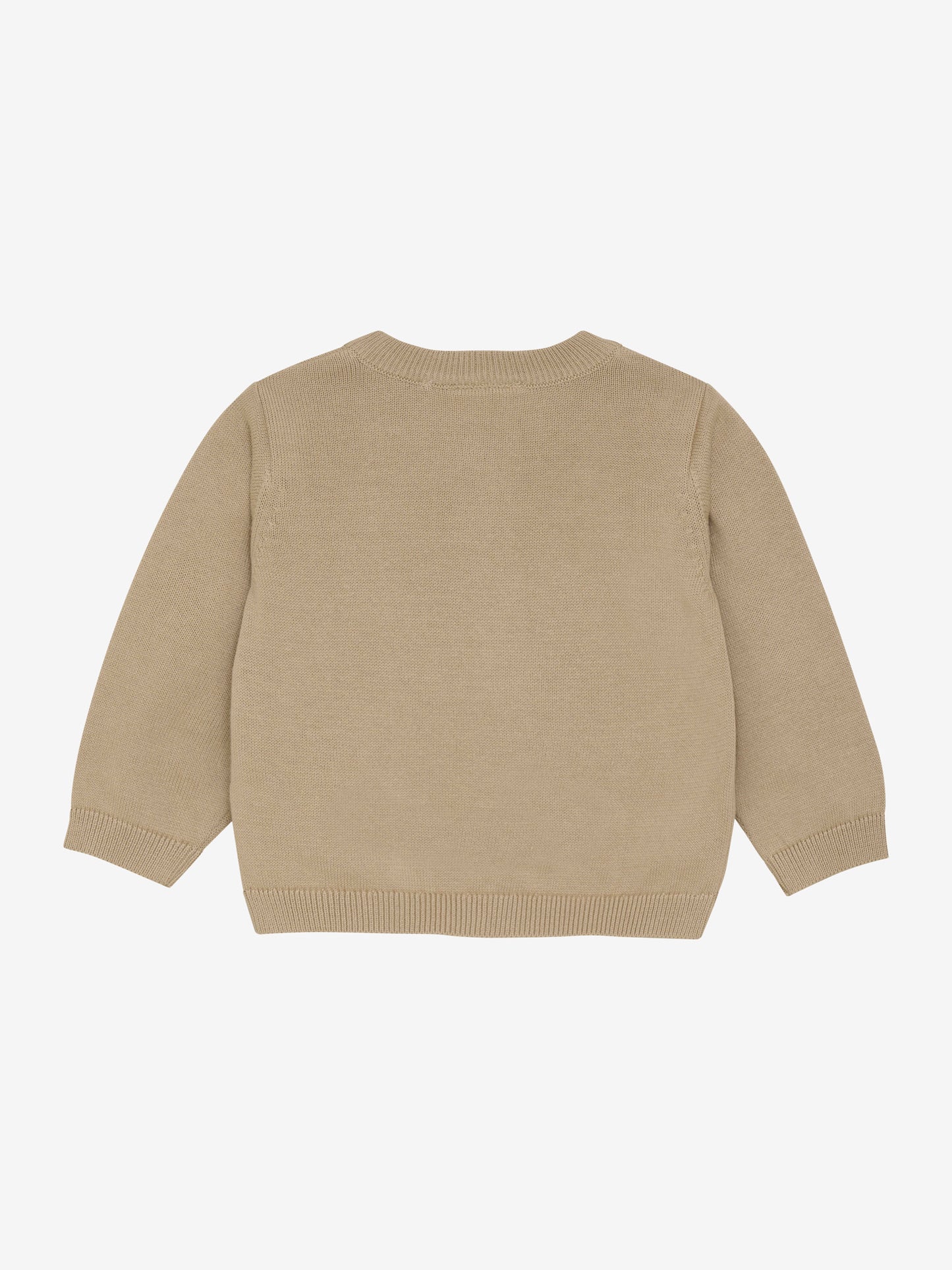 Eleganter beiger Cardigan von MINYMO, verziert mit dezenten, kleinen Löwenmotiven.