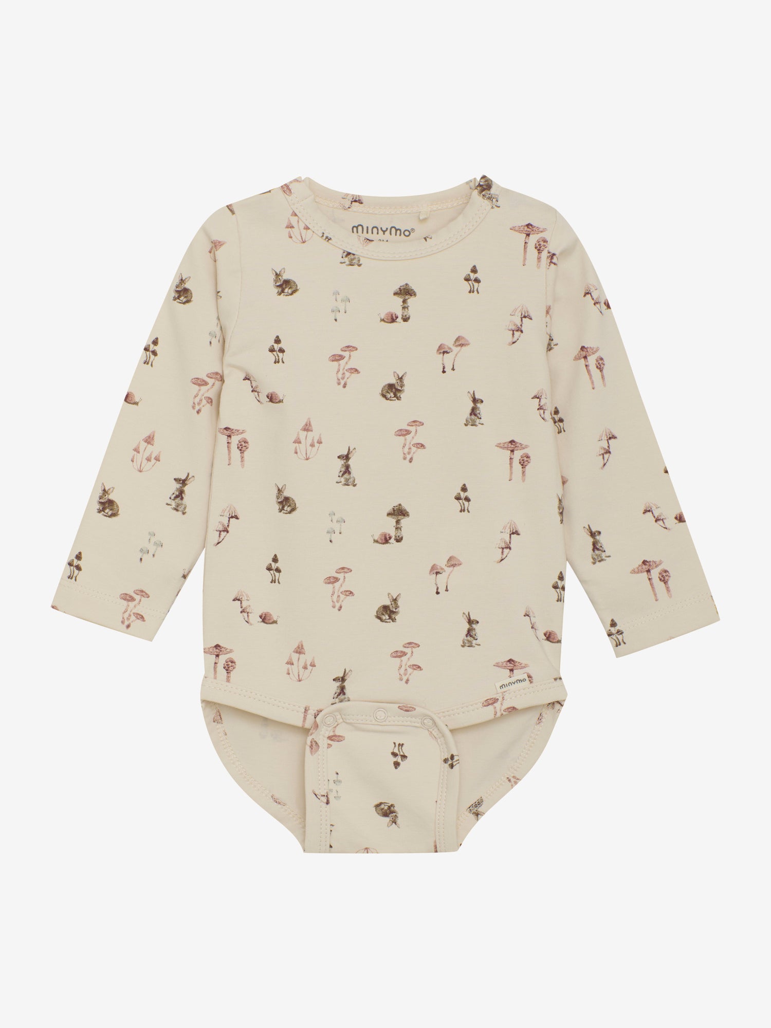 Dieser cremefarbene Body von MINYMO bezaubert mit einem verspielten Pilz- und Hasen-Design.