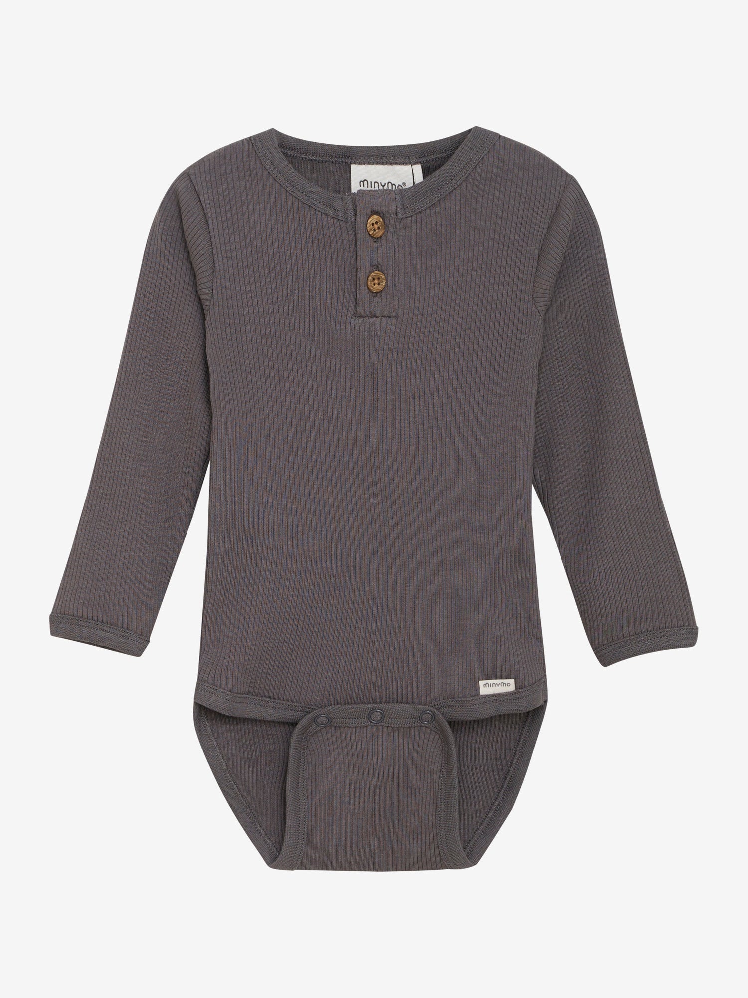 Dieser graue, gerippte Body von MINYMO bezaubert mit niedlichen kleinen Knöpfen und sorgt für verspielten Charme.