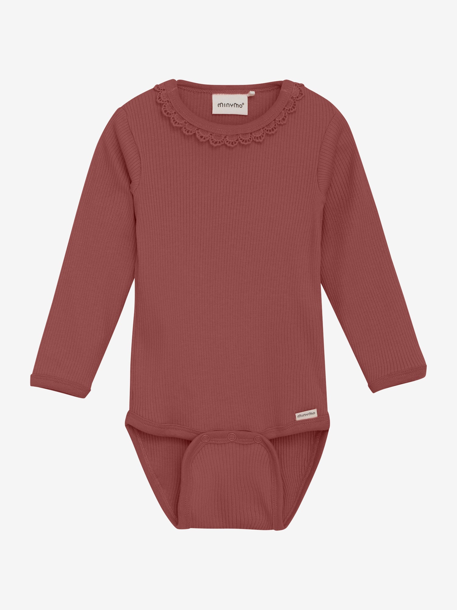 Der rote, gerippte Body von MINYMO besticht durch ein elegantes Rüschendetail am Kragen.