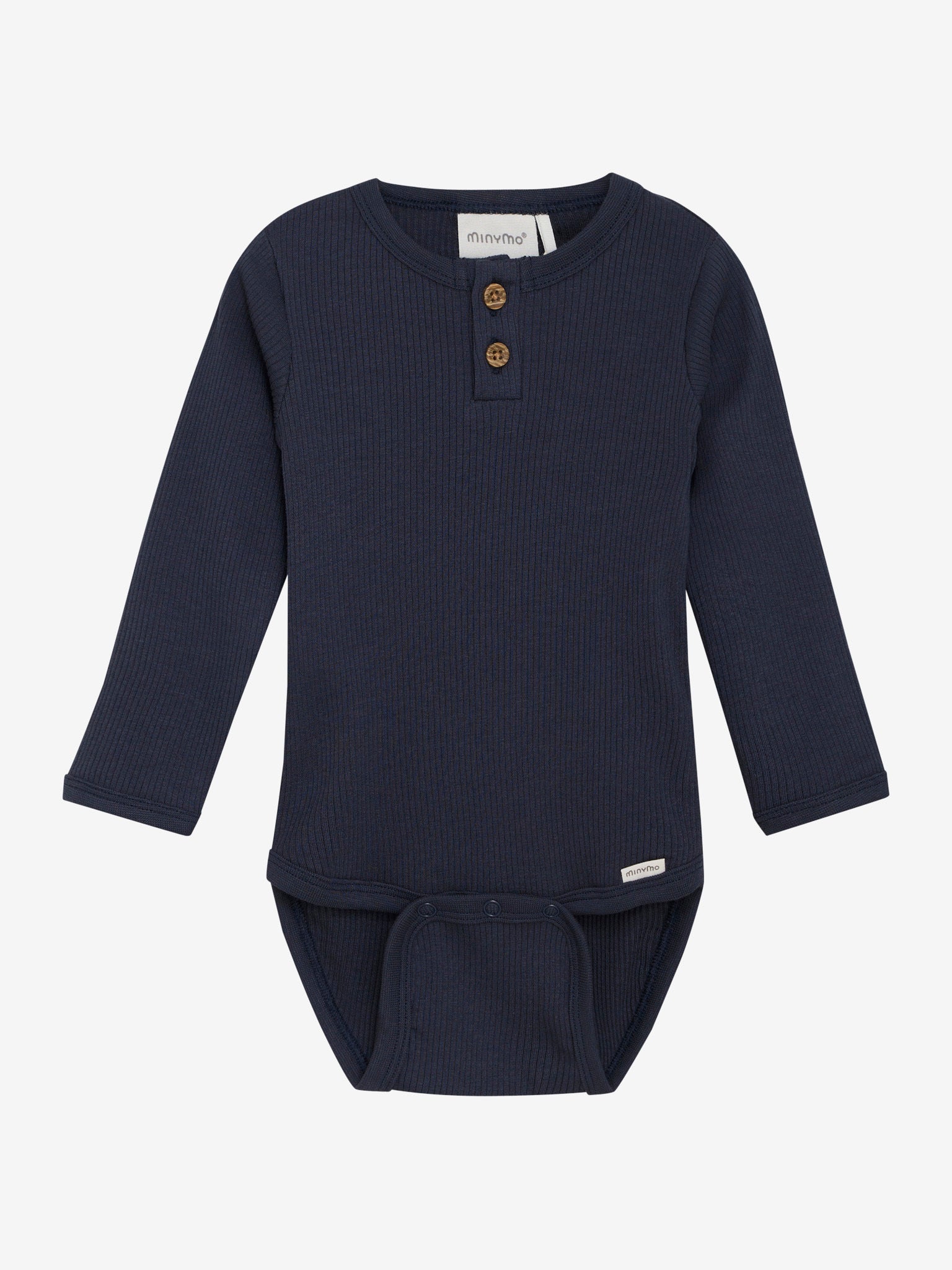 Dieser dunkelblaue, gerippte Body von MINYMO besticht durch seine feinen, kleinen Knöpfe und verleiht jedem Outfit eine elegante Note.