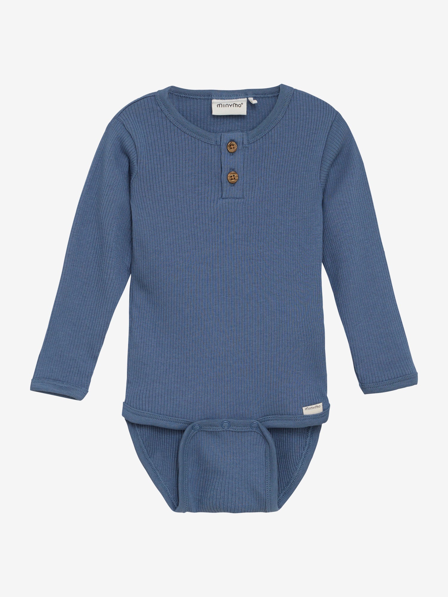 Dieser blaue, gerippte MINYMO Body besticht durch zarte, liebevoll gestaltete Knöpfchen und verleiht jedem Outfit eine elegante Note.