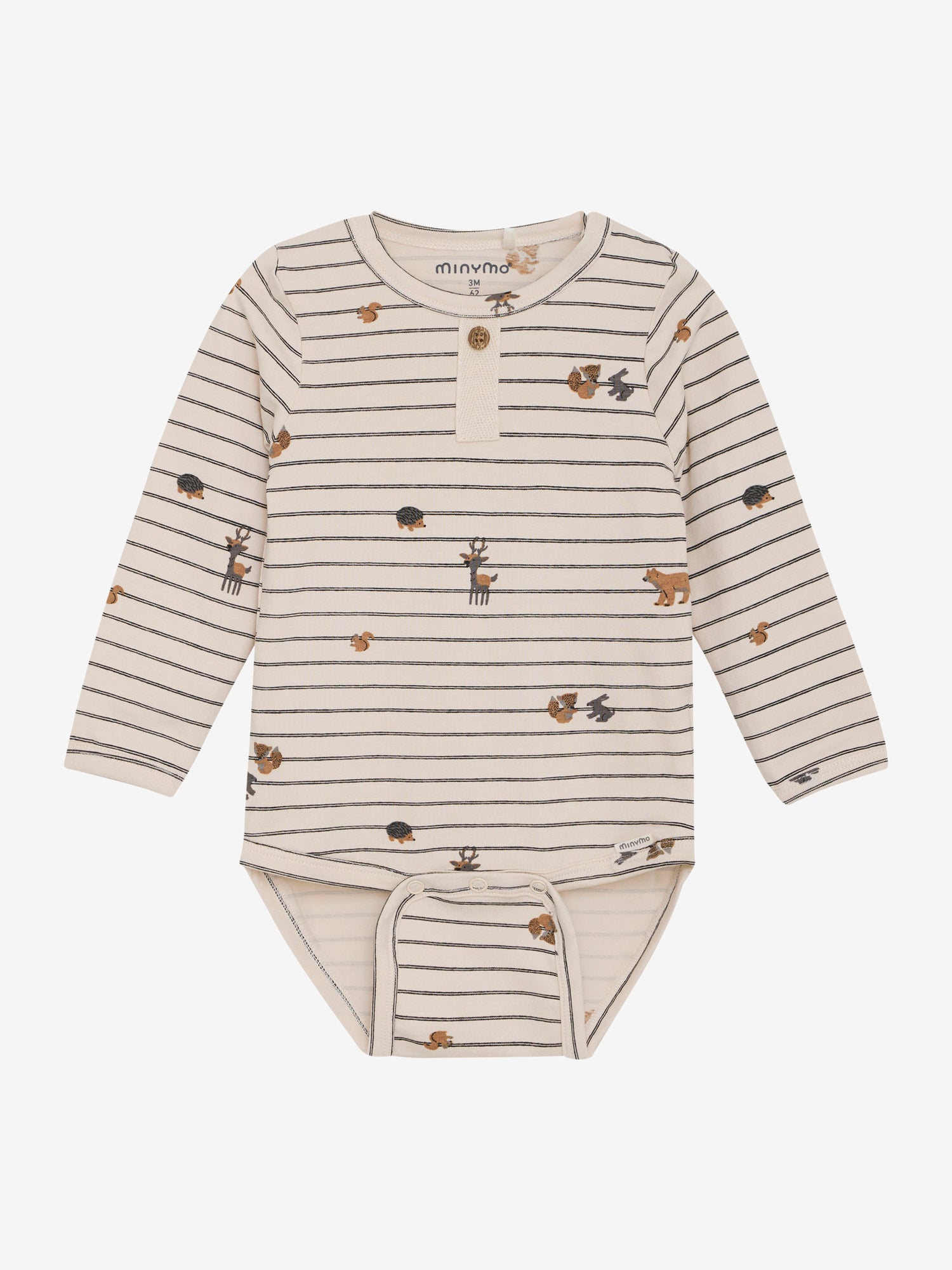 Dieser langärmelige Body von MINYMO besticht durch sein gestreiftes Design und einen durchgehenden Waldtier-Print, der dem Kleidungsstück eine elegante Note verleiht.