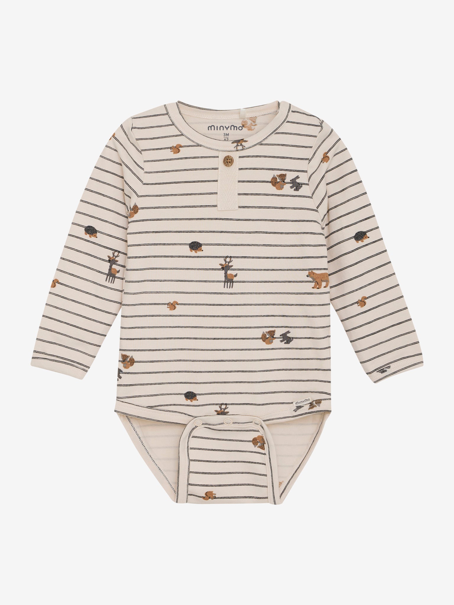 Dieser langärmelige Body von MINYMO besticht durch sein gestreiftes Design und einen durchgehenden Waldtier-Print, der dem Kleidungsstück eine elegante Note verleiht.