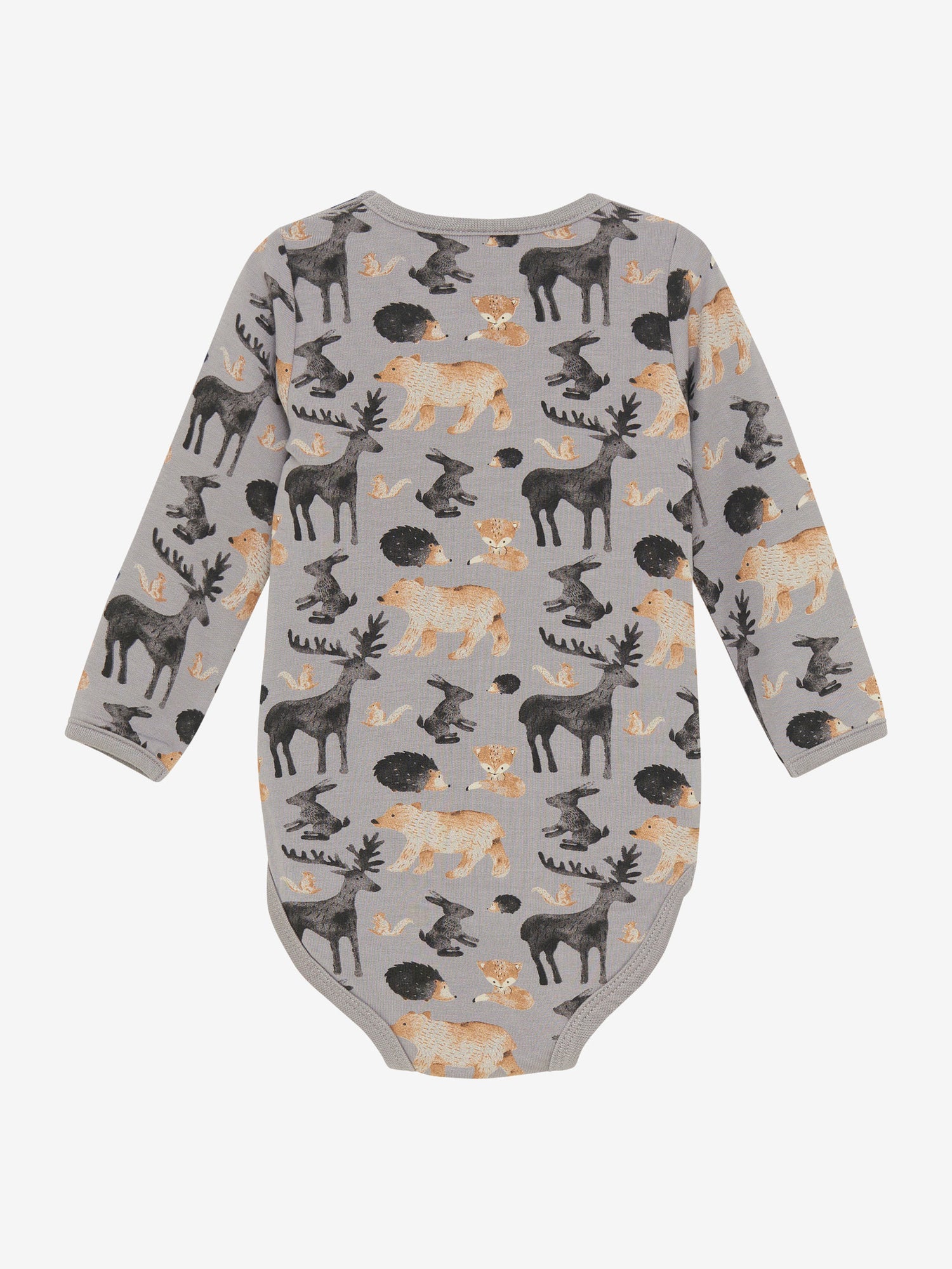 Der graue Langarm-Body von MINYMO überzeugt mit einem eleganten All-Over-Print, der von Waldtieren inspiriert ist.