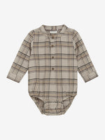 Dieser beige, karierte Langarm-Body mit Knöpfen von MINYMO besticht durch zeitlose Eleganz und hochwertige Verarbeitung.