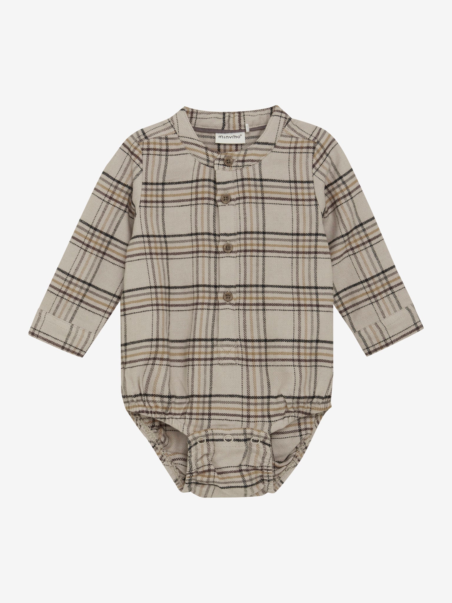 Dieser beige, karierte Langarm-Body mit Knöpfen von MINYMO besticht durch zeitlose Eleganz und hochwertige Verarbeitung.