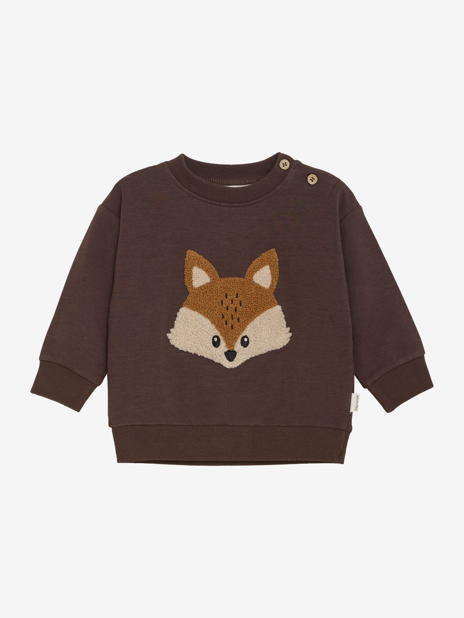 Dieses braune Langarm-Sweatshirt von MINYMO besticht durch ein elegantes Fuchs-Motiv und verbindet Komfort mit stilvoller Raffinesse.