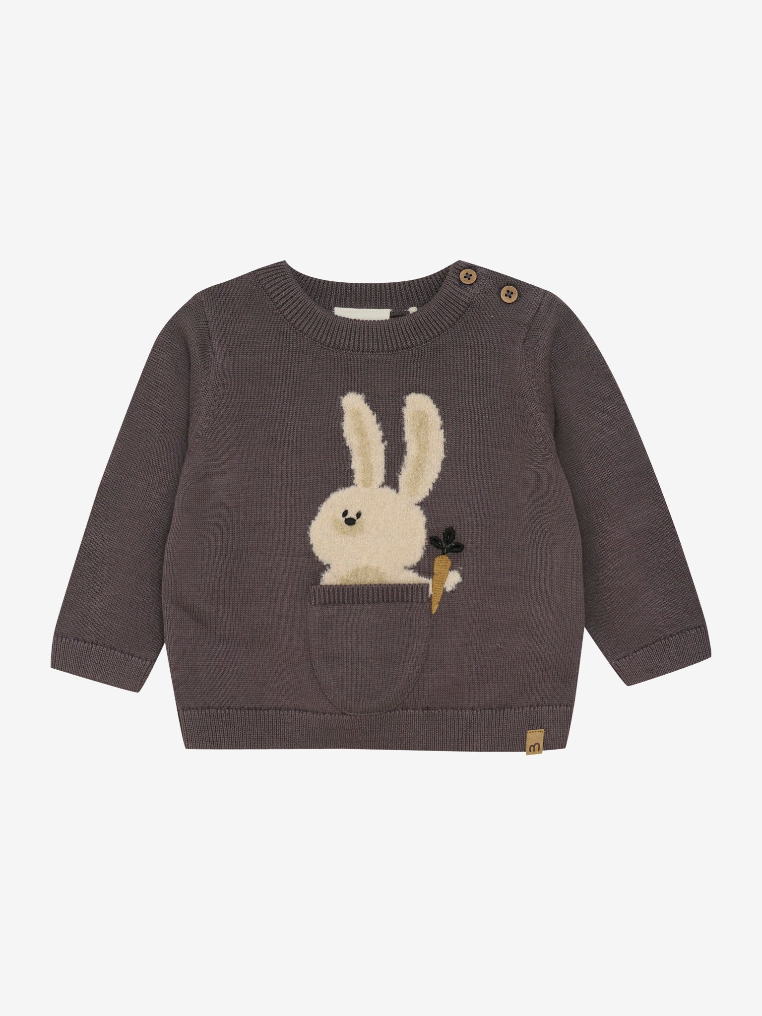 Dieser dunkelbraune Strickpullover von MINYMO besticht durch ein charmantes Hasenmotiv und sorgt für gemütlichen Tragekomfort.