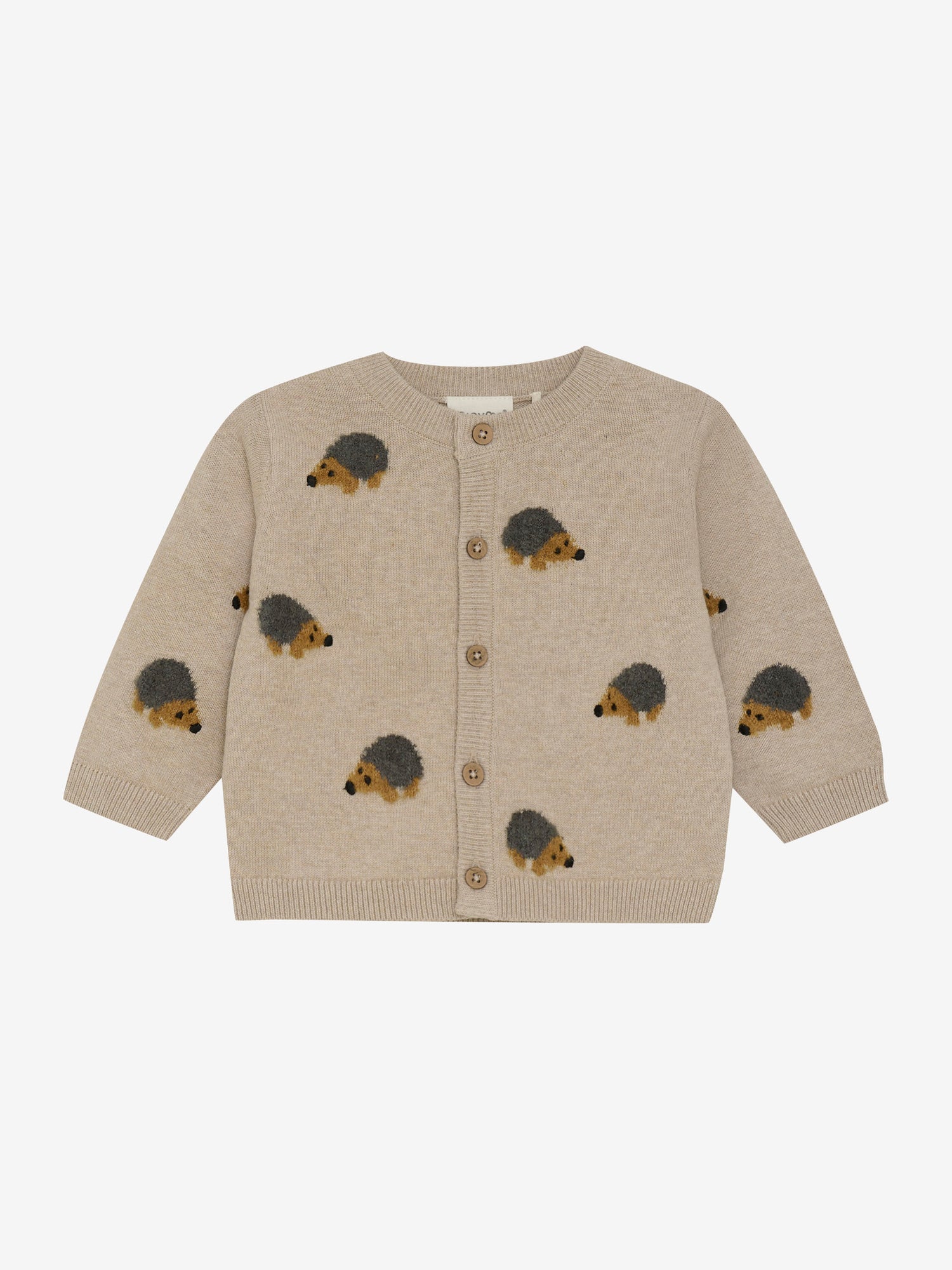 Entdecken Sie den beigen Strickcardigan von MINYMO, der mit liebevollen Igel-Motiven bezaubert und Ihrem Outfit eine verspielte Note verleiht.