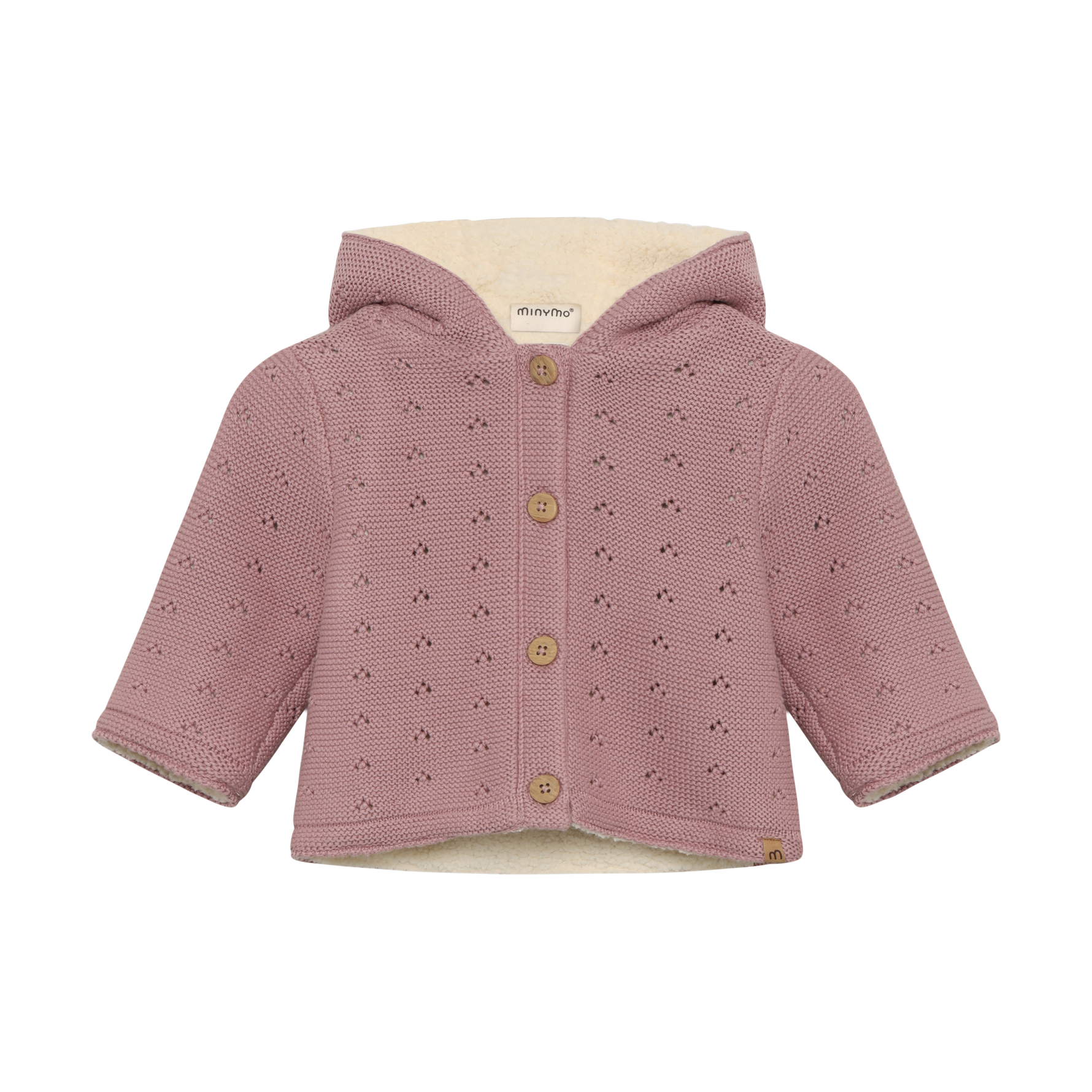 Die zart rosa Strickjacke von Minymo ist mit einem weichen Futter und einer Kapuze ausgestattet, die für zusätzlichen Schutz und Komfort sorgt. Dieses Design vereint funktionale Wärme mit einem ansprechenden Look, der sich ideal für die kühleren Tage eignet. 