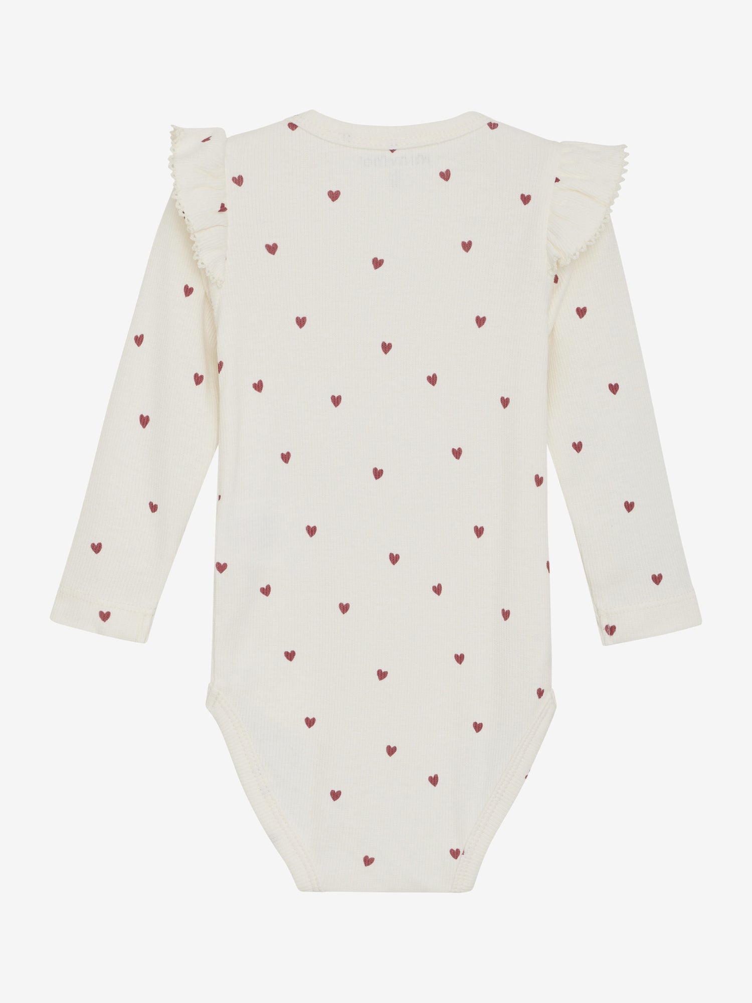 Dieser weiße Langarm-Body von MINYMO besticht durch seine gerippte Struktur und ein durchgehendes rotes Herzmuster, das für einen verspielten Look sorgt.
