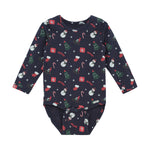 Weiches Langarm-Babybody in dunklem Blau mit festlichem Weihnachtsmotiv-Allover-Design von Minymo – perfekt für die Winterzeit.