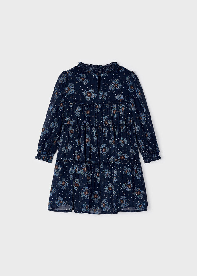 dunkelblaues Kleid mit Blumenmotiv