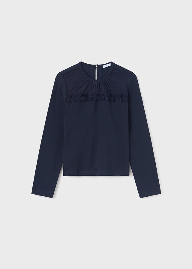 dunkelblaues langarm Shirt mit Tüll