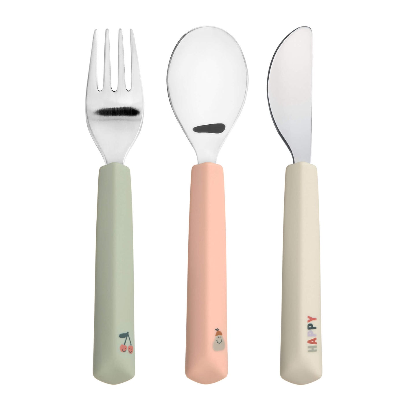 Mit dem BPA-freien Kinderbesteck aus Edelstahl und den ergonomisch geformten Silikongriffen im Happy Fruits Cherry Design gelingt den Kleinsten das selbstständige Essen noch besser. Das Besteck ist spülmaschinengeeignet.