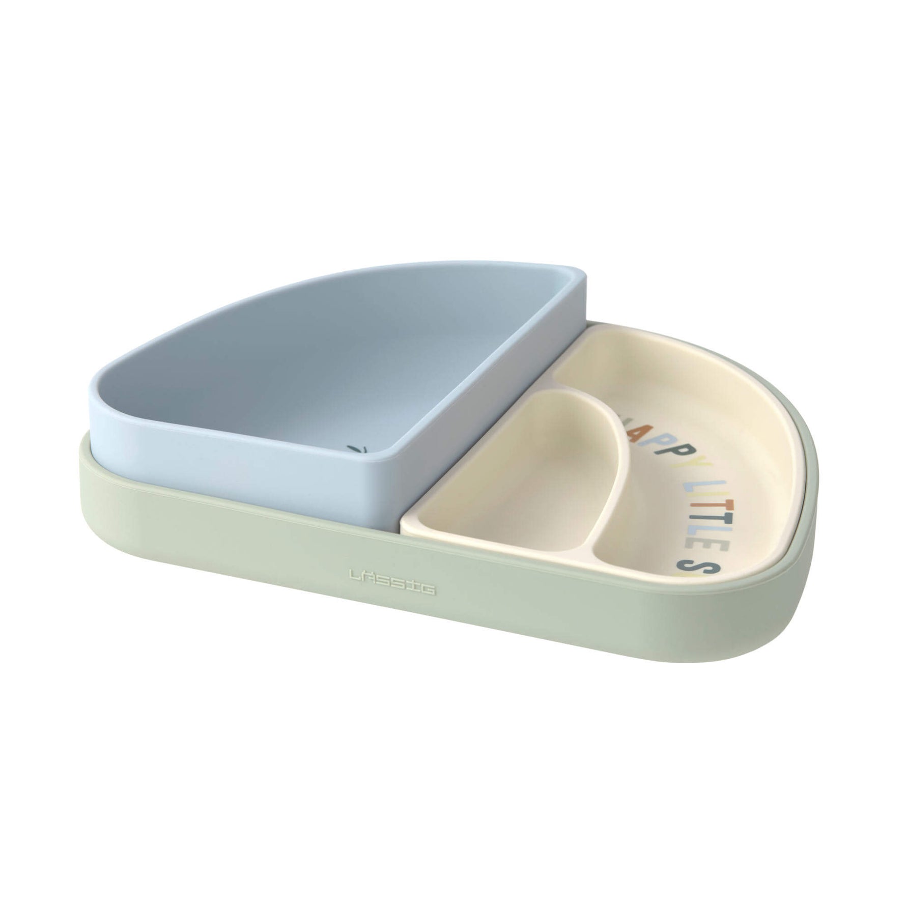 Der Kinder Menüteller aus Silikon in Regenbogenform mit Happy Fruits Lemon Design, bietet drei vielseitige Schalen. Flexibel, strapazierfähig und platzsparend – perfekt für kleine Essanfänger ab 6 Monaten. Spülmaschinen- und mikrowellenfest.