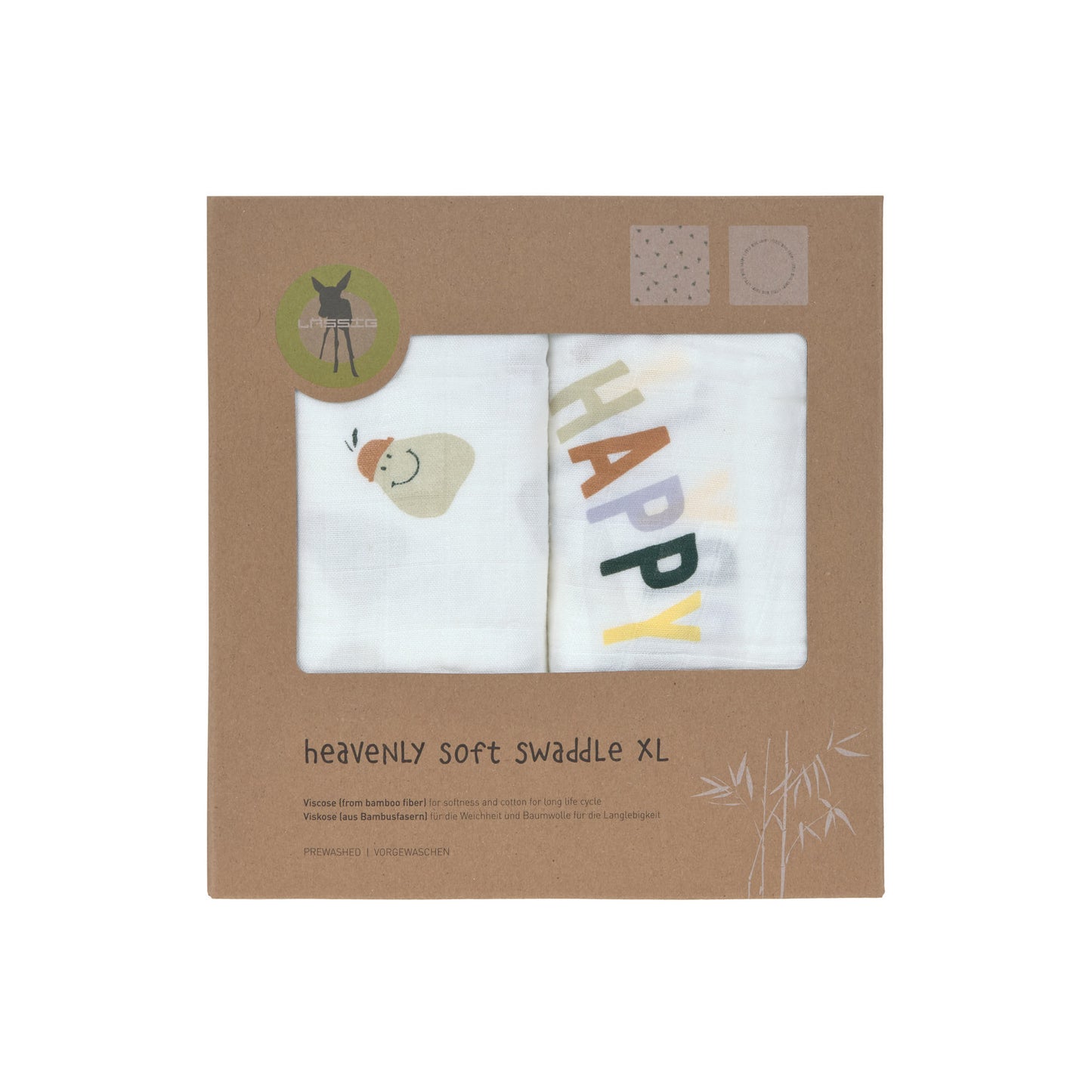 Die 120 x 120 cm großen Mulltücher im Happy Fruits Pear Design von Lässig sind vielseitig einsetzbar – ob als Spuck- und Schmusetuch oder Decke. Aus atmungsaktiver Viskose (Bambusfaser) und Baumwolle gefertigt, sind sie besonders sanft zur Babyhaut.