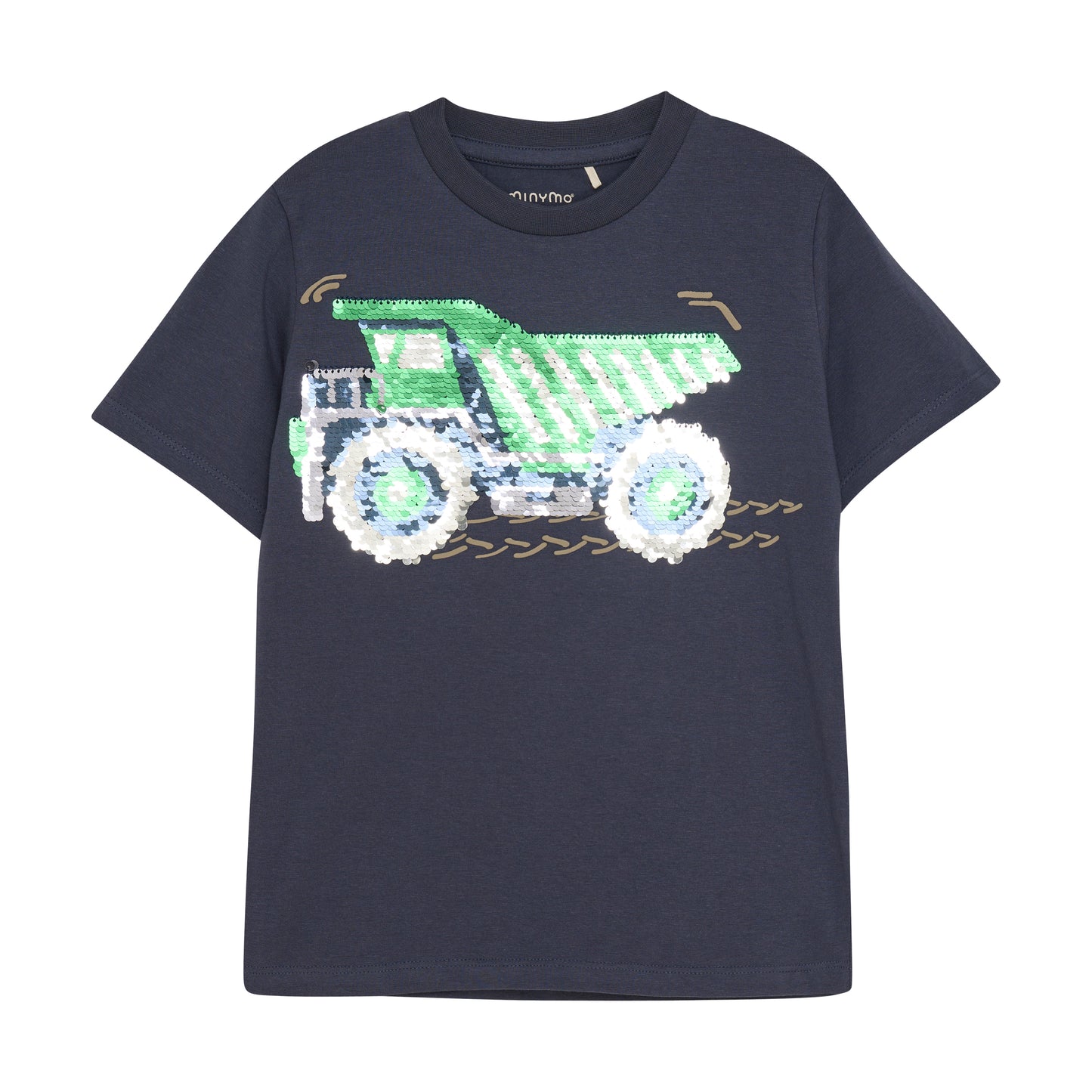 Dieses dunkelblaue T-Shirt von MINYMO begeistert mit einem witzigen Kipplaster aus Pailletten, der für einen verspielten Look sorgt.