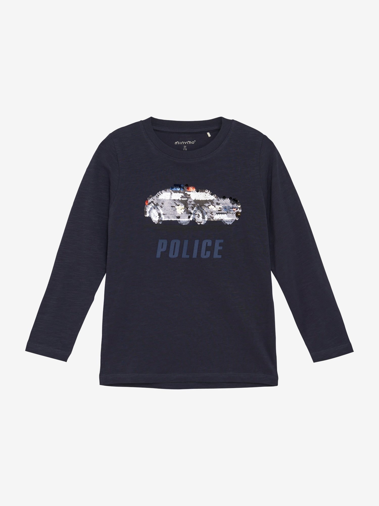 Dieses dunkelblaue Langarmshirt von MINYMO besticht durch ein funkelndes Paillettenmotiv in Form eines Polizeiautos und verleiht jedem Outfit einen einzigartigen Akzent.