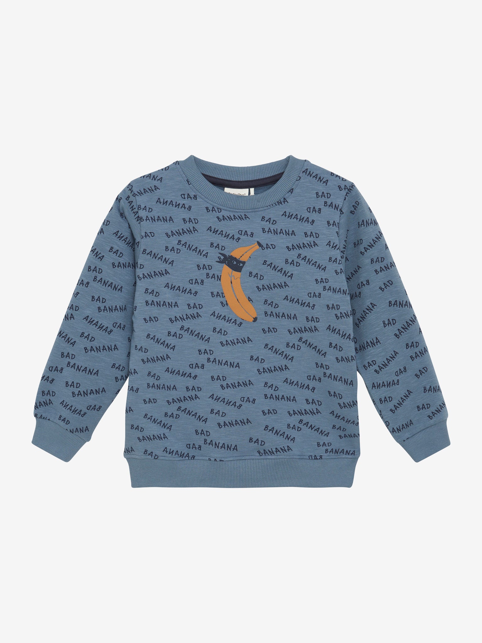 Dieses blaue Langarm-Sweatshirt von MINYMO besticht durch einen durchgehenden All-Over-Print mit dunkelblauen Schriftzügen und einem auffälligen Bananenmotiv – ein stylisches Must-have für jeden Tag.