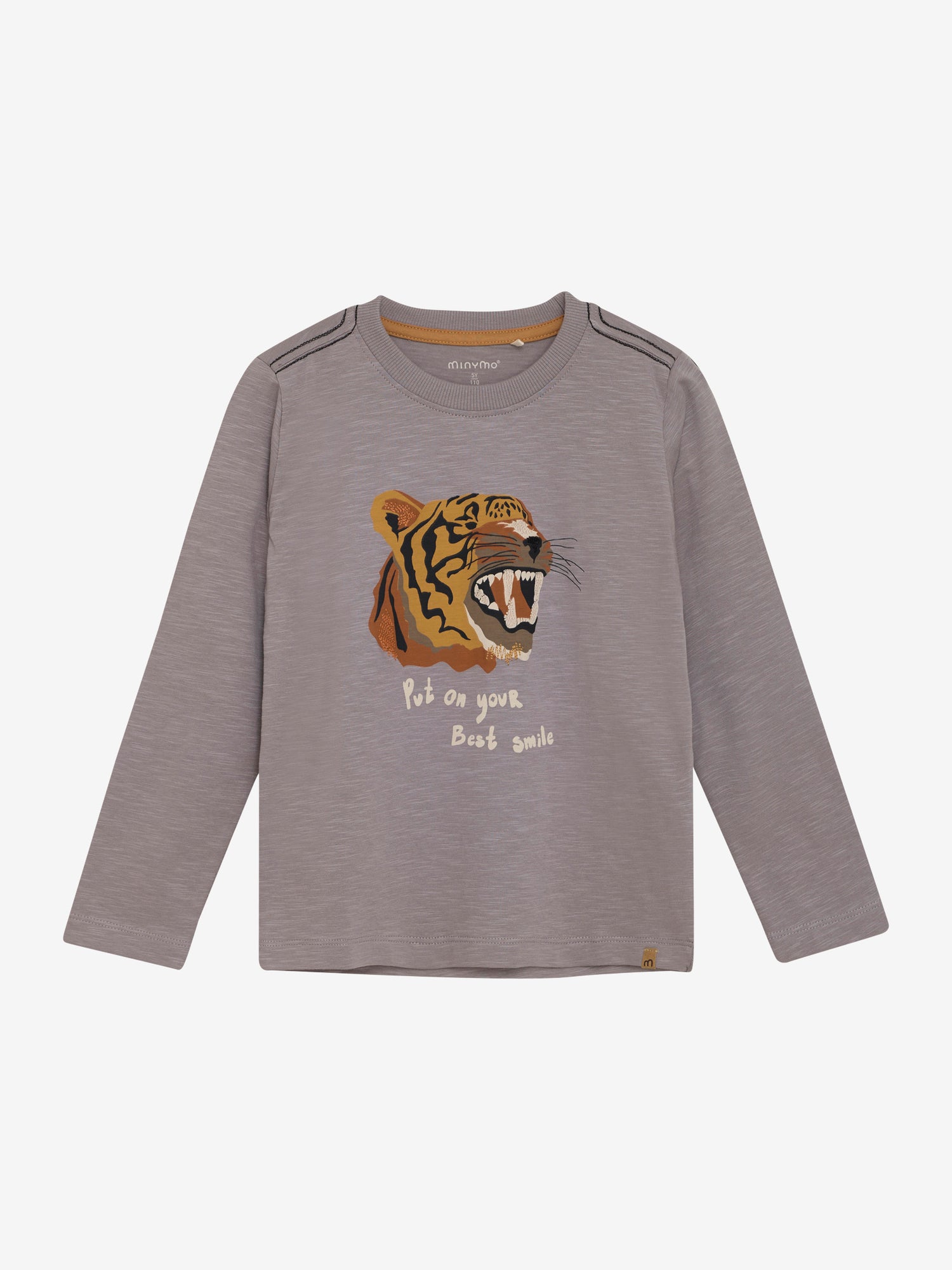 Dieses graue Langarmshirt von MINYMO besticht durch ein auffälliges Tiger-Motiv und verbindet Komfort mit einem markanten Look.
