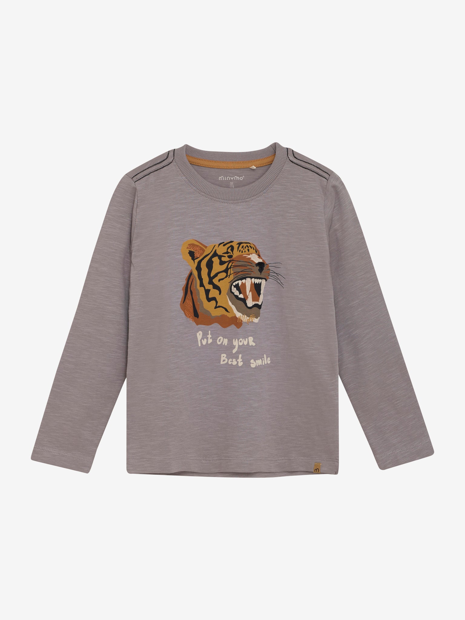 Dieses graue Langarmshirt von MINYMO besticht durch ein auffälliges Tiger-Motiv und verbindet Komfort mit einem markanten Look.