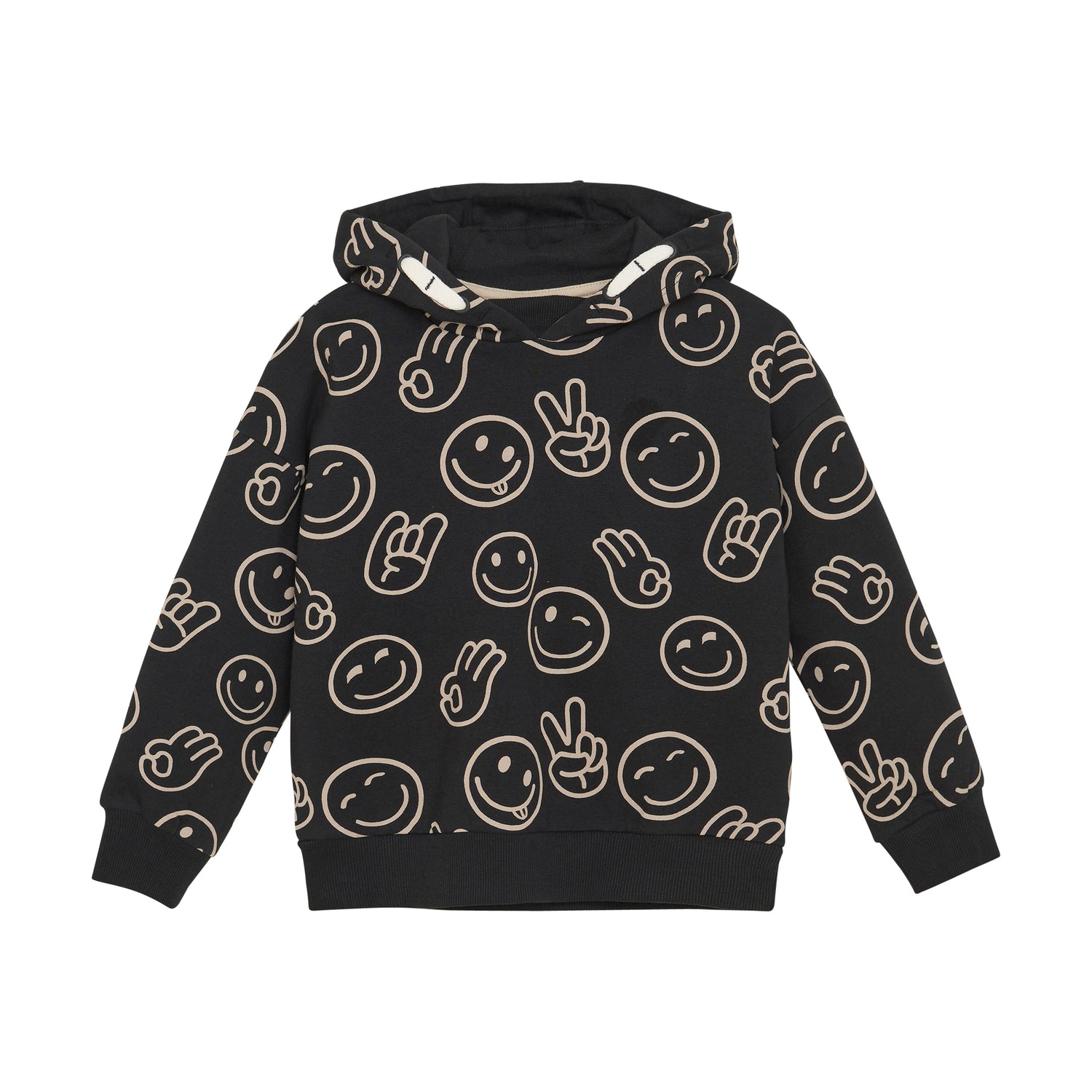 Dieses schwarze Sweatshirt mit Kapuze von MINYMO ist mit fröhlichen Smileys bedruckt und sorgt für gute Laune.
