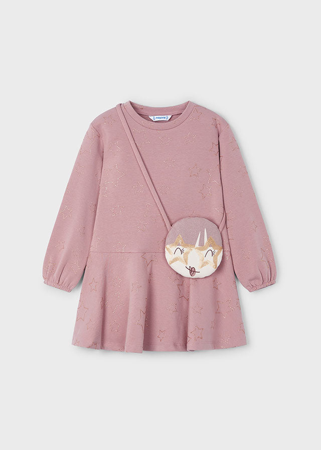 langarm Kleid in rosa und goldenen Sternenprint mit passender Umhängetasche von Mayoral