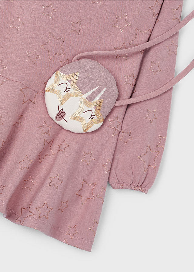 langarm Kleid in rosa und goldenen Sternenprint mit passender Umhängetasche von Mayoral