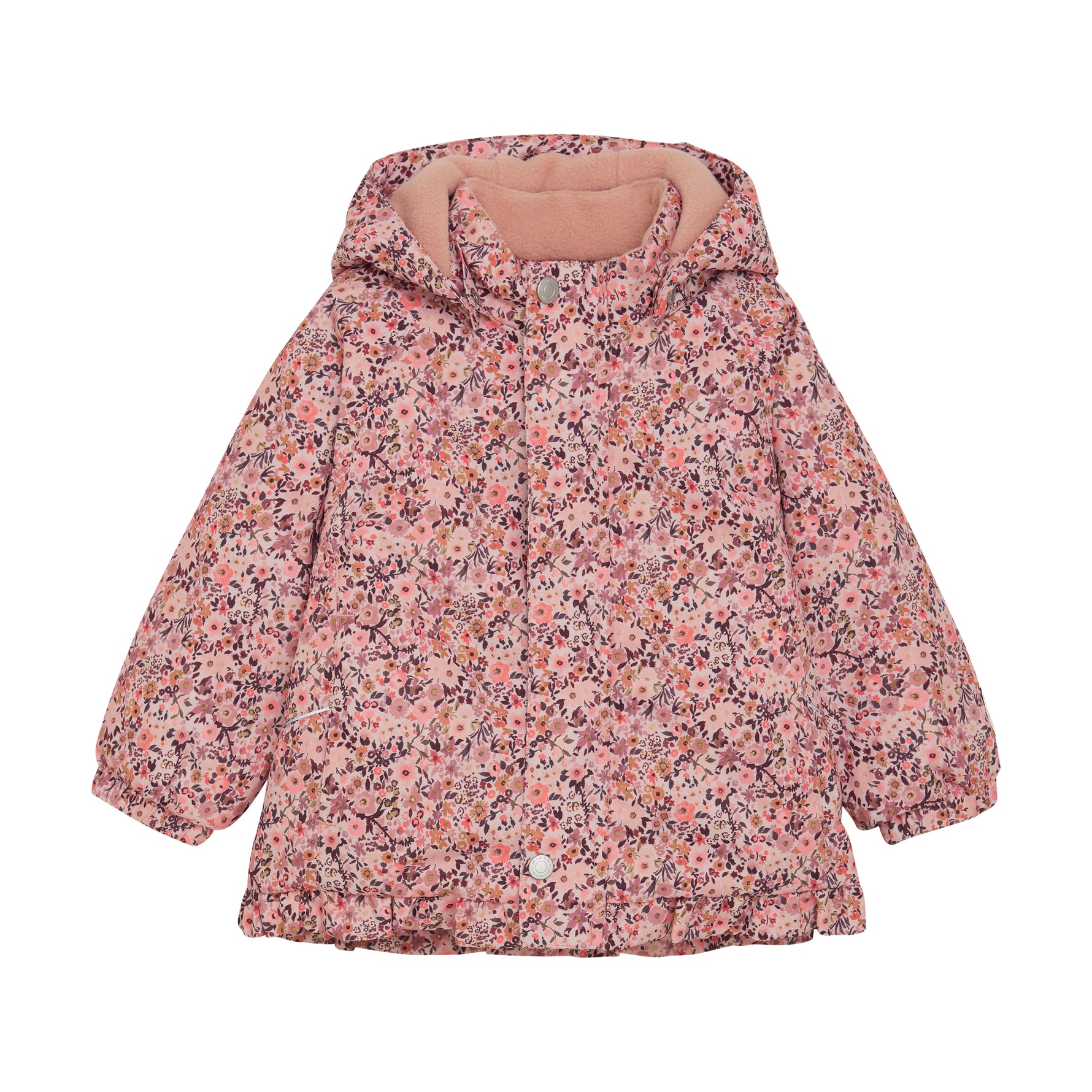 Diese rosa Schneejacke von MINYMO besticht durch ihren durchgehenden Blumenprint und bietet zuverlässigen Schutz bei kaltem Wetter.