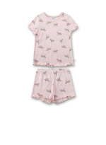 kurzer Mädchen-Schlafanzug von Sanetta mit einem Pferde Allover in einem schönen Rosa und mit verspielten Säumen