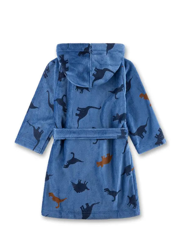 Dieser blaue Bademantel von Sanetta mit lustigem Dinosaurier-Motiv bringt Spaß und Gemütlichkeit in jeden Badetag.