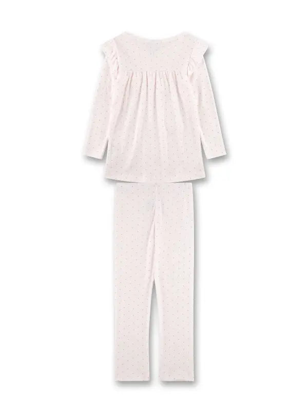 Dieser hellrosa, lange Mädchen-Schlafanzug von Sanetta begeistert mit einem hochwertigen Ajour-Muster, das durch kleine, regelmäßige Rauten in dunklem Rosa ergänzt wird. Das Schlaf-Oberteil mit langen Ärmeln ist mädchenhaft gestaltet: Gerüschte Schultern, zarte Rüschen und ein Abnäher auf Brusthöhe lassen es in eleganten Falten nach unten fallen. Die bequeme Schlafhose verfügt über einen elastischen Taillenbund und sorgt so für eine optimale Passform. Ein wunderschöner Schlafanzug für kleine Prinzessinnen,