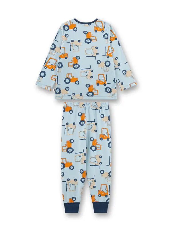 Dieser gelungene lange Jungen-Schlafanzug von Sanetta begeistert kleine Fahrzeugfans mit seinem coolen Allover-Print aus Traktoren und Gabelstaplern in verschiedenen Orangetönen und dunkelblauen Akzenten. Der Schlafanzug ist aus 100 % Baumwolle in angenehmer Single-Jersey-Qualität gefertigt und bietet ein weiches, natürliches Tragegefühl. Elastische Rippbündchen an Halsausschnitt, Armen und Beinen sorgen für maximalen Tragekomfort. Die bequeme Schlafhose mit elastischem Taillenbund garantiert eine optimale