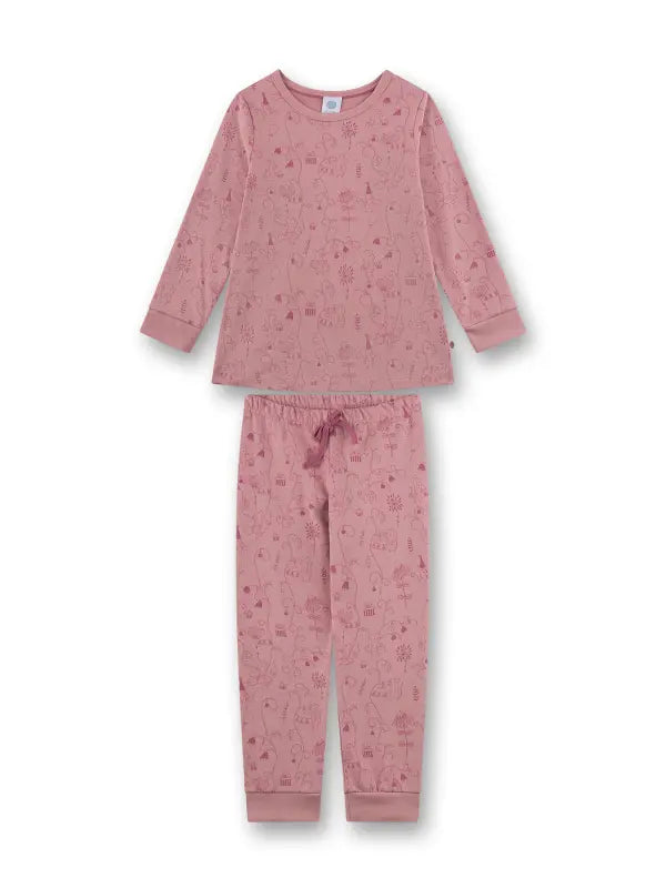 Dieser bezaubernde Mädchen-Schlafanzug von Sanetta aus 100 % GOTS-zertifizierter Bio-Baumwolle in Velours-Single-Qualität sorgt für gemütliche Wohlfühlmomente. Das Oberteil in dunklem Rosé ist mit einem fröhlichen Alloverprint aus Partymäusen, Blumen, Girlanden, Luftballons und Geschenken verziert. Die passende Hose im gleichen Look sitzt dank des bequemen Gummibunds besonders angenehm, wird von einer süßen Schleife liebevoll akzentuiert und verfügt über Beinabschlüsse. Ein Lieblingsstück, das Geborgenheit,