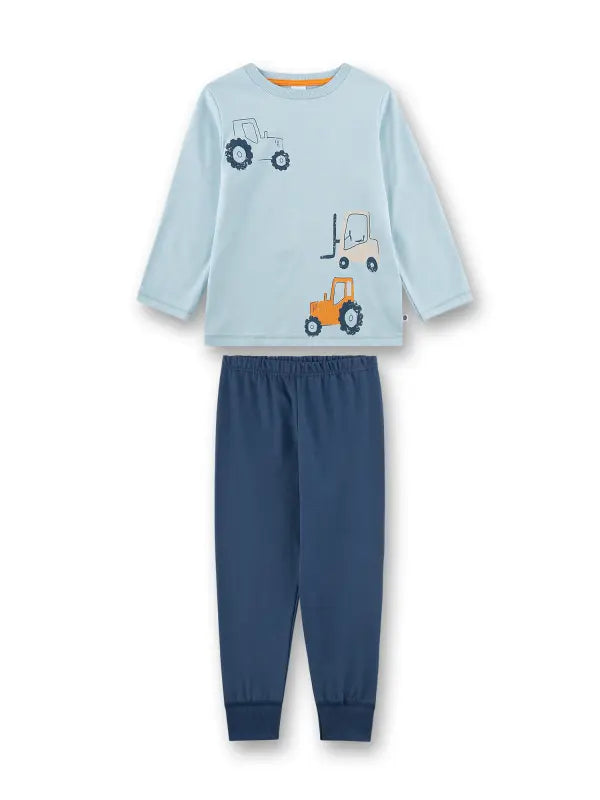 Dieser starke, lange Jungen-Schlafanzug von Sanetta begeistert kleine Fahrzeug-Fans mit einem coolen Motivprint aus zwei Traktoren und einem Gabelstapler auf dem hellblauen Schlafshirt. Gefertigt aus wärmender Single-Velours-Qualität aus 100 % Baumwolle, sorgt er für ein angenehm weiches Tragegefühl. Das Oberteil ist mit einem weichen Nackenband und einem Rippbündchen am Hals ausgestattet. Die Traktoren und der Gabelstapler in harmonischen Orangetönen mit dunkelblauen Akzenten lassen die Herzen kleiner Fahr