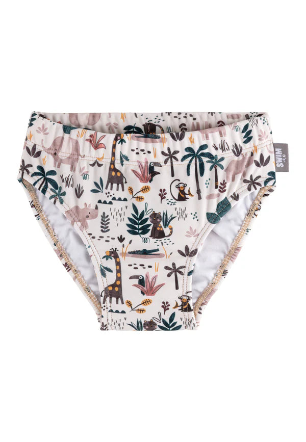 Diese Badehose mit fröhlichem Safari-Print bietet UV-Schutz 50+ und einen praktischen Windeleinsatz. Das elastische, schnelltrocknende Material sorgt für Komfort und Bewegungsfreiheit – perfekt für kleine Abenteurer an warmen Tagen.