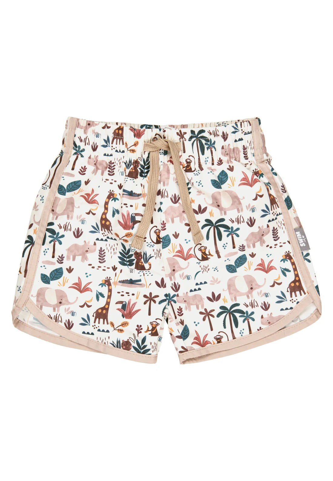 Diese Badeshorts mit Safari-Print schützen Kinderhaut dank UV-Schutz 50+. Sie sind leicht, elastisch, schnelltrocknend und haben einen Kordelzug für perfekten Sitz. Ideal für kleine Abenteurer im Sommer.