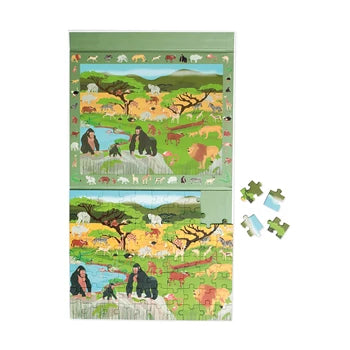 Dieses Entdeckungspuzzle wurde speziell für die Entwicklung der Beobachtungsgabe entwickelt. Nachdem du das 80-teilige Puzzle zusammengesetzt hast, beginnt deine Suche als Detektiv. Versuchen Sie, alle Tiere aus der Savanne zu finden, die Sie auf dem Spielbrett im Puzzle sehen. Hast du sie alle gefunden? Das Puzzle ist magnetisch und hat die perfekte Grösse, um überallhin mitgenommen zu werden