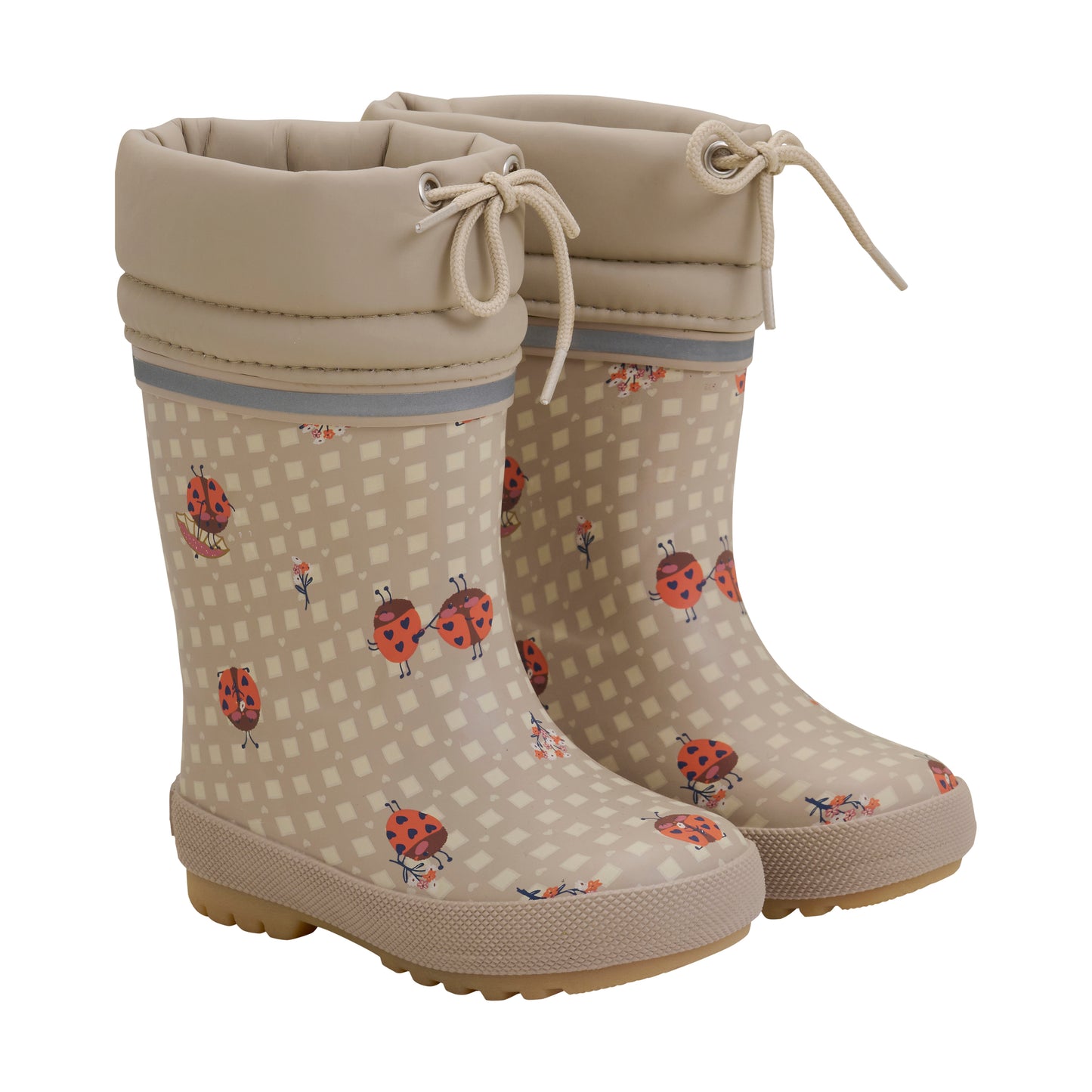 Die beigen Gummistiefel von Celavi, geschmückt mit niedlichen Marienkäfer-Details, garantieren modischen Schutz bei jedem Wetter. Die Wollfütterung sorgt für warme Füße, selbst an kalten Tagen.