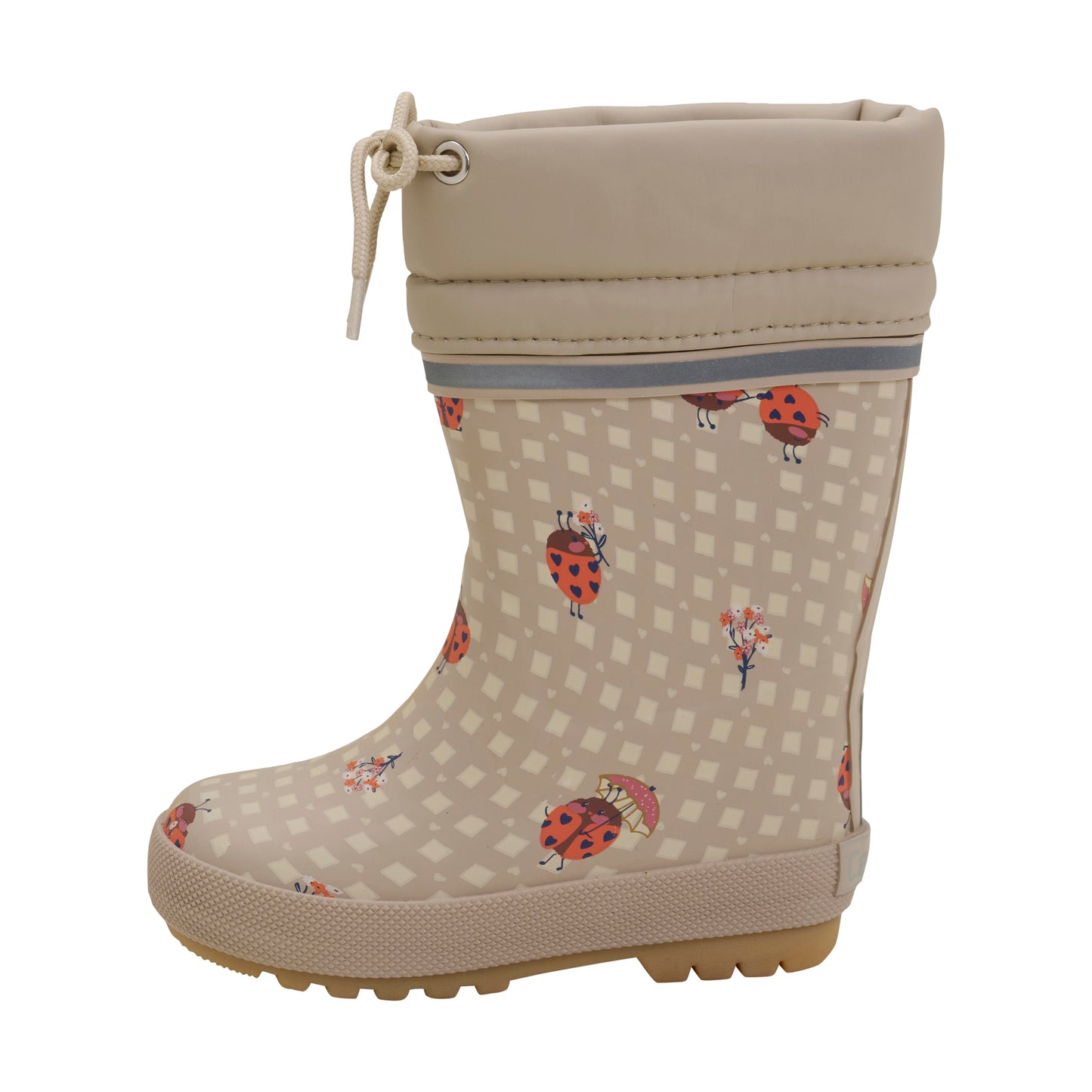 BDie beigen Gummistiefel von Celavi, geschmückt mit niedlichen Marienkäfer-Details, garantieren modischen Schutz bei jedem Wetter. Die Wollfütterung sorgt für warme Füße, selbst an kalten Tagen.