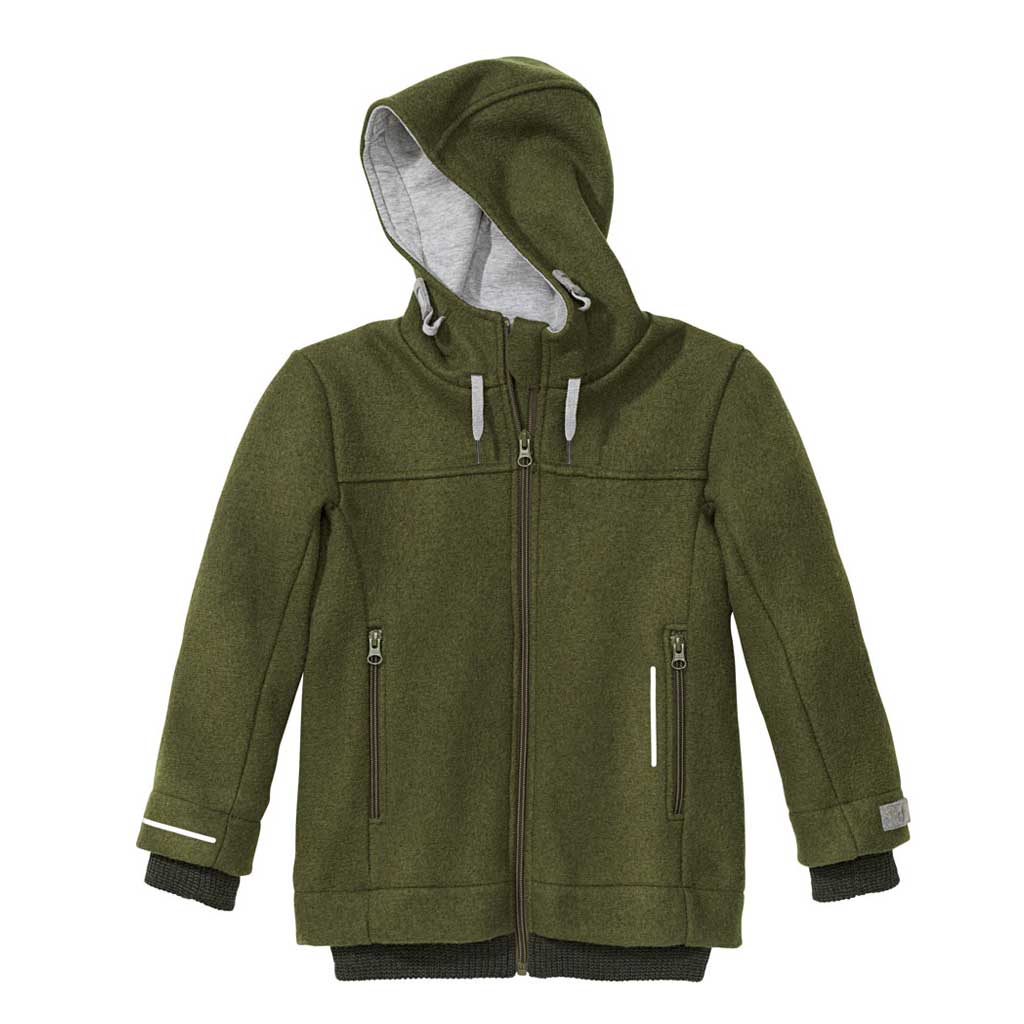 Diese olivgrüne Outdoor-Jacke aus hochwertiger Schurwolle von Disana bietet zuverlässigen Schutz und Komfort bei jedem Abenteuer im Freien.