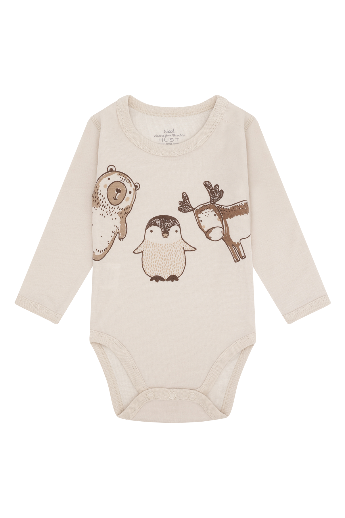 Der cremefarbene Body von Hust & Claire überzeugt mit einem liebevollen Wintertier-Design und sorgt für wohligen Komfort.