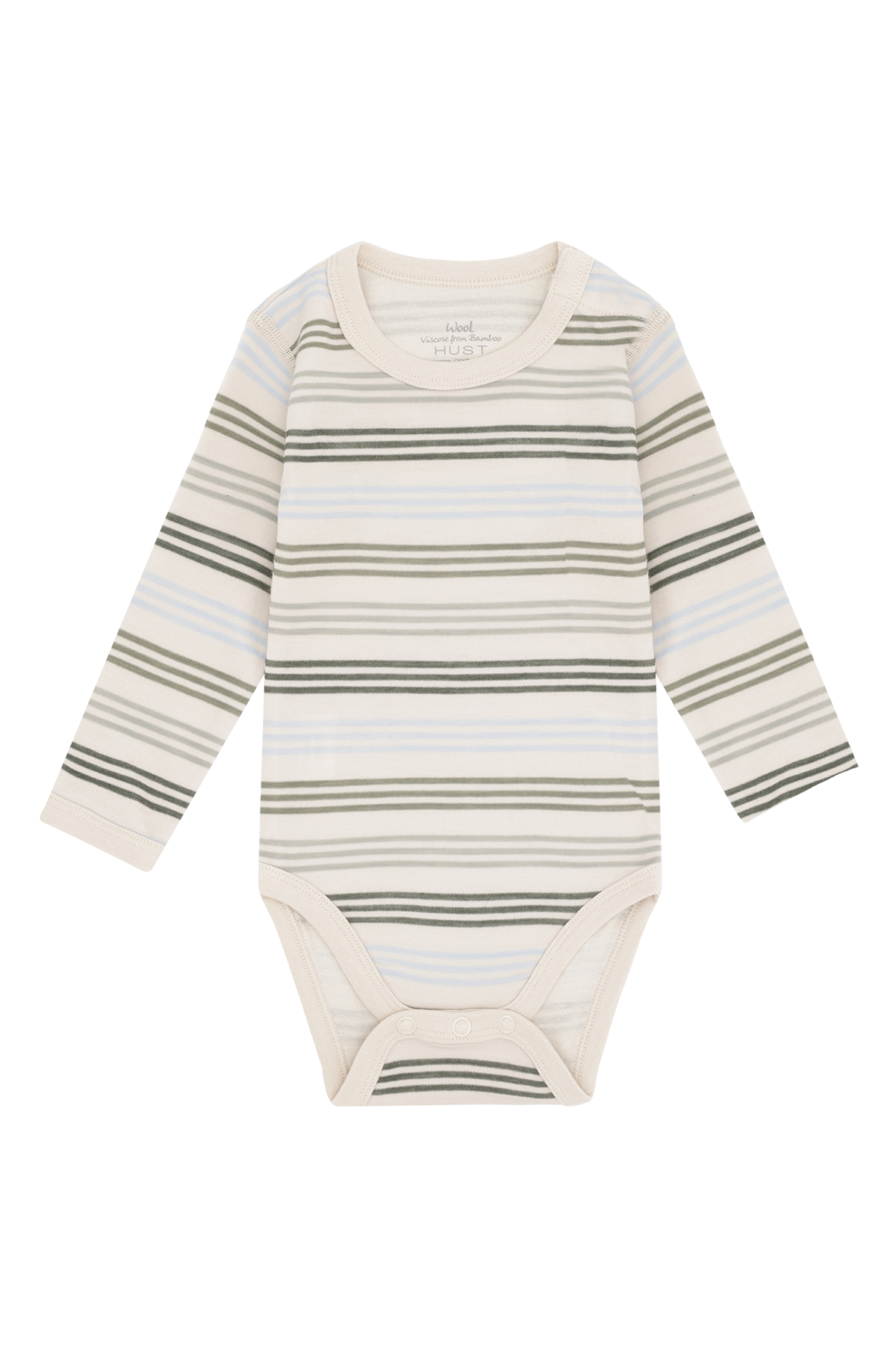 Weißer Langarm-Body mit grünen und blauen Streifen von Hust & Claire, der Komfort und Stil vereint.