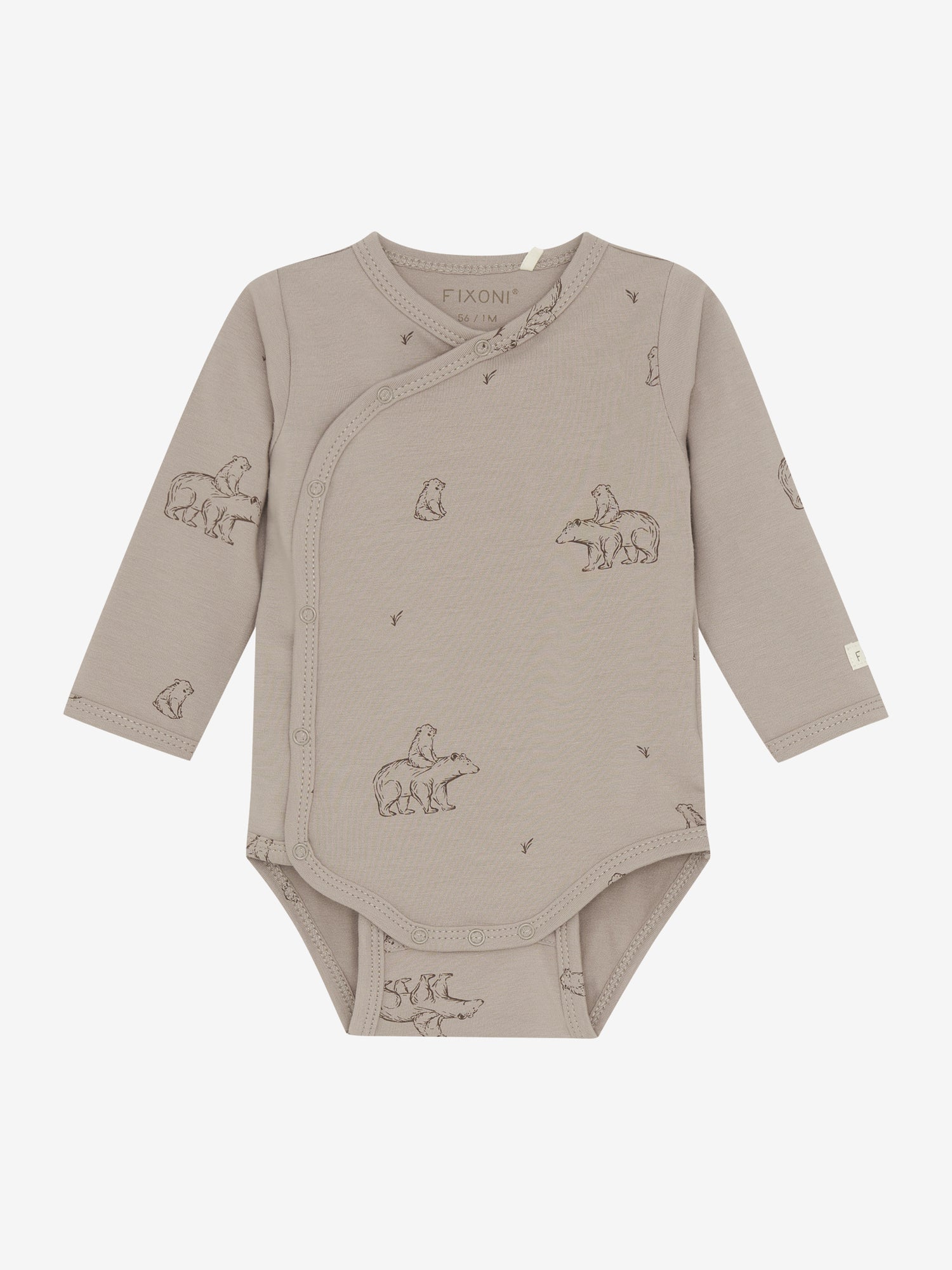 Der langärmlige Wickelbody von Fixoni in Beige überzeugt mit einem charmanten Bärenmotiv und bietet angenehmen Tragekomfort für Ihr Baby.